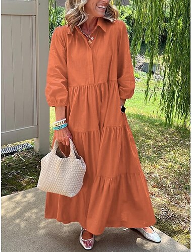  Damen Maxikleid A Linie Kleid Lässig Täglich Normale Passform Einfach Dreiviertelarm Revers Weiß Gelb Blau Orange Frühling Herbst