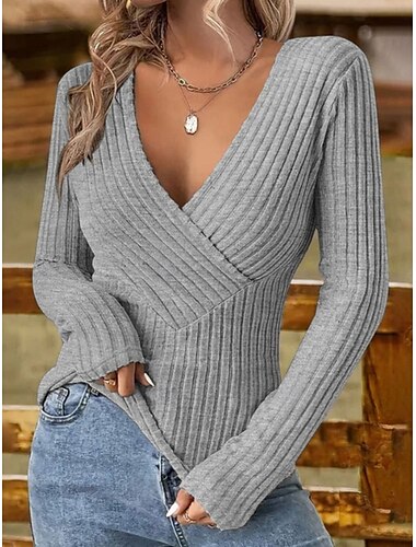  Per donna Blusa Tinta unica Elegante Essenziale Casual Manica Lunga Scollo a V Top Regolari Quotidiano Arricciato Argento Rosso Marrone chiaro Verde Albicocca Estate Primavera
