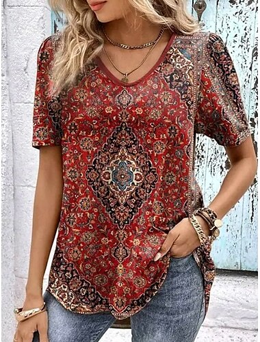  Damen T Shirt Grafik Paisley-Muster Pflanzen Bohemien Vintage Mode Kurzarm V Ausschnitt Normale Oberteile Täglich Ausgehen Wochenende Druck Kastanienbraun Sommer Frühling