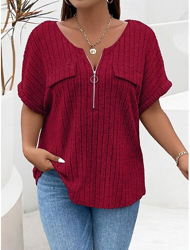  Damen Übergröße Oberteile T Shirt Einfarbig Reißverschluss Tasche Kurzarm V Ausschnitt Mode Streetwear Lässig Täglich Wochenende Polyester Sommer Herbst Rosa Wein
