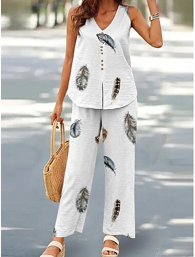  Damen Mode Streetwear Täglich Hosen-Sets Ärmellos V Ausschnitt Blumen Geometrisch Druck Lässig Täglich Schwarz Weiß Marineblau Sommer Lässiger Schnitt