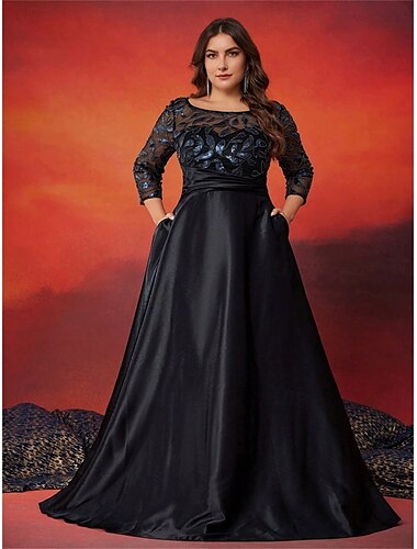  A-Linie Plus Size Kleider Elegantes Kurvenkleid Formelles Hochzeitskleid Bodenlang Langarm Rundhals Satin mit Pailletten 2025