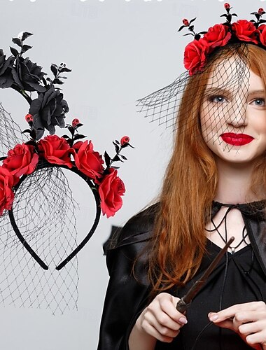  Halloween-roseslørpannebånd, gotisk blomsterkrone med netting til kostymefest, skummel festival, maskerade, hårtilbehør med performance-motiv