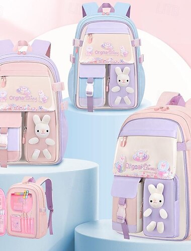 子供と十代の女の子のためのかわいいバックパック - パステルカラーの漫画のスクールバッグ、ウサギのぬいぐるみチャームとマルチポケットオーガナイザー付き、小学校と中学校向け
