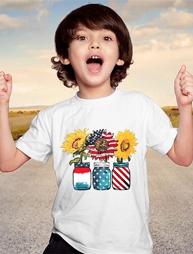  Amerikanischer Unabhängigkeitstag Jungen 3D Blumen T-Shirt Kurzarm Sommer Frühling Mode Basic Kinder 4-12 Jahre Rundhalsausschnitt Outdoor Lässig Täglich Normale Passform