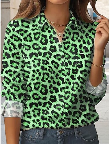  Damen Hemd Grafik Leopard Vintage Stilvoll Lässig Langarm Hemdkragen Normale Oberteile Arbeit Täglich Ferien Knöpfe Tasche Druck Blau Purpur Braun Grün Frühling Herbst