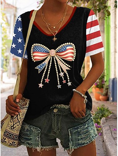  女性の愛国的TシャツグラフィックフラッグスタイリッシュカジュアルショートスリーブVネックレギュラータップスデイリープリント黒赤青夏春