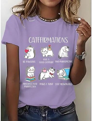  Damen T Shirt Grafik Tiermotiv Katze Vintage Stilvoll Klassisch Kurzarm Rundhalsausschnitt Rundhals Normale Oberteile Täglich Wochenende Druck Schwarz Weiß Rosa Blau Purpur Sommer Frühling