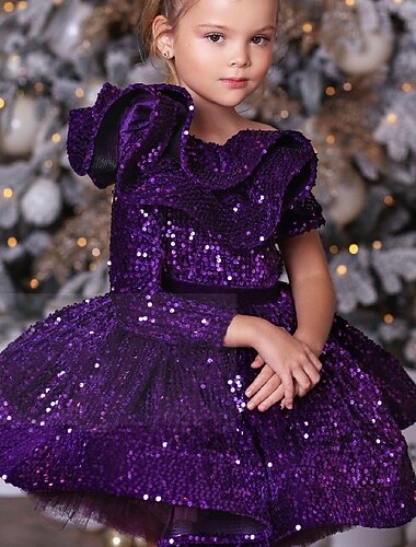  Bambini Ragazze Vestito da Festa Tinta unica Manica Lunga Performance Rete Principessa Dolce Rete Metà polpaccio Tubino Vestito in Tulle Estate Primavera Autunno Bambini Vino Blu Viola