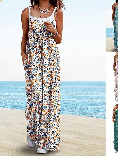  Dames Normaal Jumpsuit Actief Bloemig Mouwloos Breed Been Ronde hals Zak Hoge taille Vakantie Dagelijks Normale pasvorm Geel Blozend Roze Leger Groen Zomer