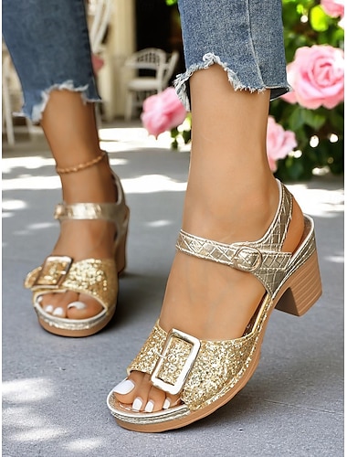  Damen Gold Glitzer Blockabsatz Sandalen – funkelnde Partyschuhe mit mittelhohem Absatz für Sommerfeste, Gartenpartys und Abendoutfits