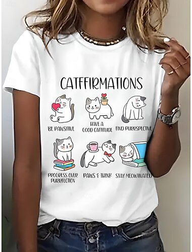  Mulheres Camiseta Gráfico Animal Gato Vintage à moda Clássico Manga Curta Gola Redonda Decote Redondo Tops regulares Diário Final de semana Imprimir Preto Branco Rosa Azul Roxo Verão Primavera