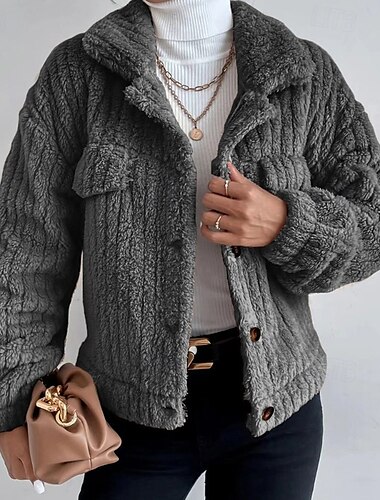  Damen Teddymantel Warm Bequem Knöpfe Lässig Einfach Alltagskleidung Ausgehen Wochenende Einreihig Regulär Umlegekragen Normale Passform Langarm Oberbekleidung Schwarz Braun Dunkelblau Herbst Winter