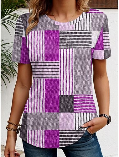  Damen T Shirt Grafik Geometrisch Vintage Stilvoll Klassisch Kurzarm Rundhalsausschnitt Normale Oberteile Täglich Wochenende Druck Rote Blau Purpur Grau Sommer Frühling