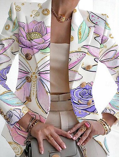  Mujer chaqueta Transpirable Cómodo Estampado Moda Casual Hoja Trabajo Oficina / Carrera Casual Botonadura Doble Regular Cuello Vuelto Ajuste regular Manga Larga Ropa de calle Blanco Rosa Púrpula Claro