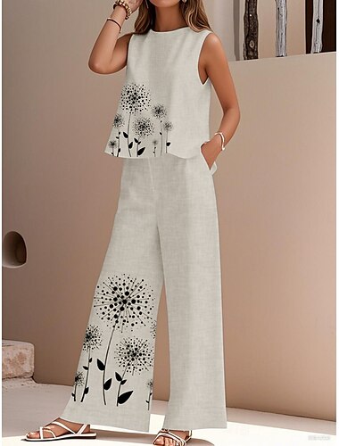  Ensemble deux pièces élégant pour femme, streetwear, chemisier, gilet, pantalon, sans manches, col ras du cou, extérieur, travail, décontracté, imprimé floral, vacances, quotidien, blanc, bleu royal, bleu, été, coupe régulière