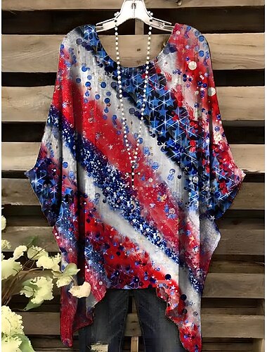  Blouse patriote pour femmes du jour de l'indépendance graphique drapeau élégant vintage quotidienne à manches courtes manches chauve-souris col rond vêtements vacances denim bleu rouge bleu royal