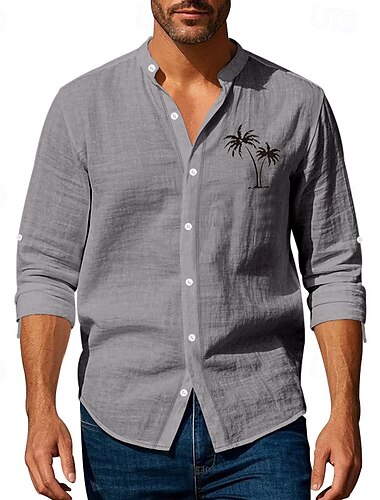  Herren Hemd Leinenhemd Freizeithemd Knopfhemd Baumwollhemd Kokospalme Urlaub Hawaiianisch Schwarz Weiß Khaki Grau Langarm Stehkragen Sommer Frühling Bekleidung Druck