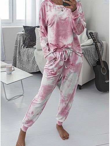  Damen Schlafanzug Set Lässig Komfort Batik Elastischer Bund T Shirt Hose Heim Täglich Langarm Rundhalsausschnitt Rosa Blau Grün Regenbogen Grau Sommer Frühling Herbst Normale Passform
