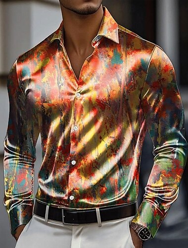  Herren Batik Mehrfarbig Satinhemd Kleidhemd Knopfhemd Langarm Modisch lässig Urlaub Ferien Sommer Frühling Herbst Umlegekragen Hemden mit Kragen 3D-Druck Orange