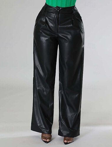  Damen Weites Bein Lederhosen Stoffhosen Mode Streetwear Volle Länge Natürliche Taille Einfach Tasche Elastischer Bund Bequem Außenbereich Urlaub Wochenende Schwarz Braun Grün Herbst Normale Passform