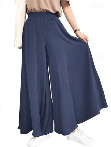  Damen Weites Bein Stoffhosen Streetwear Lässig Volle Länge Natürliche Taille Einfach Elastischer Bund Bequem Außenbereich Outdoor Streetwear Kamel Schwarz Blau Herbst Normale Passform