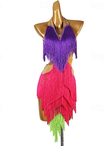  Danse Latine Robe Gland Épissage Cristaux / Strass Femmes Performance Entraînement Sans manches Chinlon Spandex