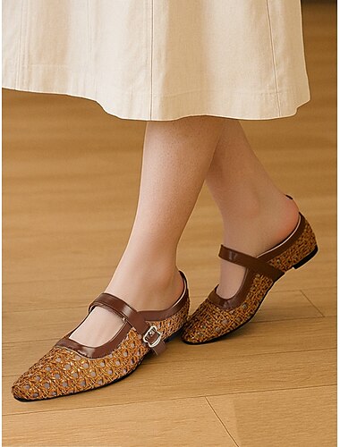  Braune gewebte Damen-Ballerinas mit Riemen, Slipper aus Kunstleder mit quadratischer Spitze für lässigen Komfort und tägliche Verabredungen