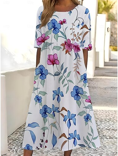  Damen Midikleid T-Shirt-Kleid Sommerkleid A Linie Kleid Urlaub Lässig Geburtstag Täglich Teegesellschaft Normale Passform Ombre Blumen Grafik Kurzarm Rundhalsausschnitt Weiß Rosa Dunkelpink Rote