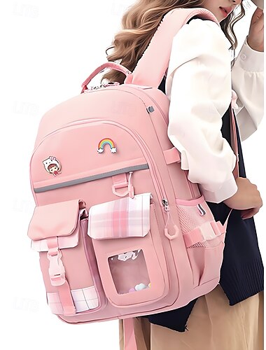  süßer Campus-Rucksack für Mädchen – Design mit mehreren Taschen, karierte Nähte, leicht und wasserdicht, großes Fassungsvermögen, geeignet für das tägliche Pendeln, Schwarz, Rosa, Himmelblau
