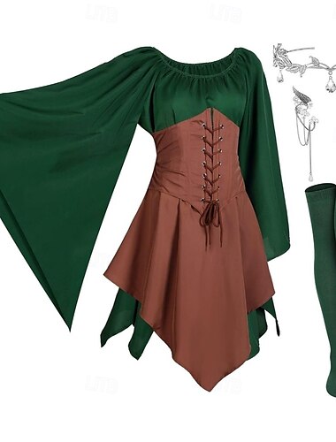  Outfits Kleid Cosplay Kostüm Outfits Kopfschmuck Elf Fee Damen 1 Haarschmuck Kleid Socken