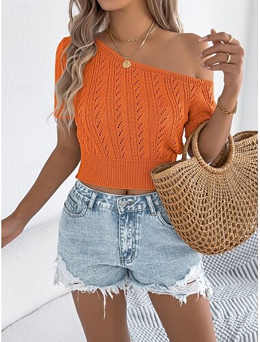  Damen Tank Top Einfarbig Täglich Lässig Kurzarm Kalter Schulter-Ausschnitt Normale Oberteile Täglich Strandbekleidung Schwarz Weiß Fuchsie Orange Khaki Sommer Frühling