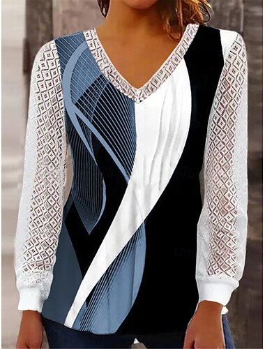  Damen Spitzenbluse Farbblock Stilvoll Lässig Langarm V Ausschnitt Normale Oberteile Täglich Spitze Patchwork Druck Wein Blau Purpur Sommer Frühling