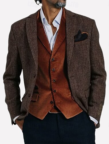  Blazer en tweed pour homme, veste blazer à chevrons, blazer en laine marron vintage rétro, coupe standard, simple boutonnage, deux boutons