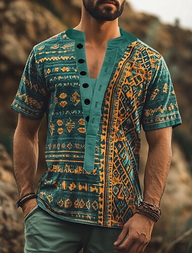  Homme Ethnique T-shirt Chemise Henley Manche Courte Designer Basique Bohème Extérieur Occasionnel Quotidien Été Vert Henley T-shirt Henley