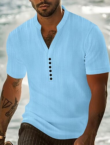  Herren Hemd Popover-Hemd Sommerhemd Freizeithemd Strandhemd Schwarz Weiß Marineblau Himmelblau Kaki Kurzarm Einfach Stehkragen Urlaub Hawaiianisch Bekleidung Polyester Mode Lässig Bequem