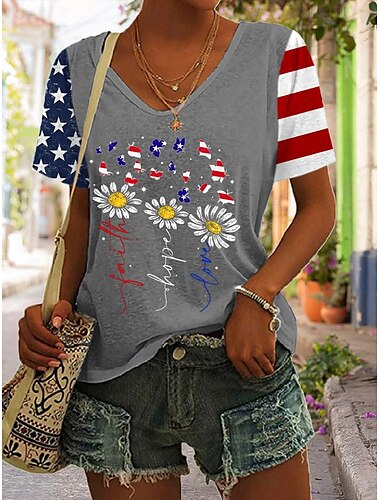  独立記念日 女性の愛国的な7月4日 Tシャツ フローラルグラフィック フラッグ スタイリッシュ カジュアル 半袖 Vネック レギュラートップス デイリープリント ブラック ブルー グレー サマー