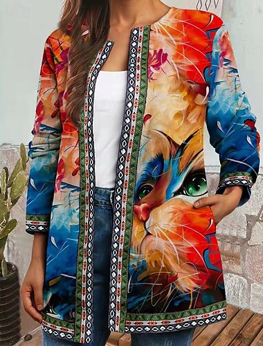  Damen Freizeitjacke Warm Bequem Tasche Mode Modern Blumen Straße Ausgehen Regulär Kragenlos Normale Passform Langarm Oberbekleidung Rote Purpur Orange Herbst Winter