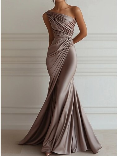  Meerjungfrauenschnitt Abendkleid Elegant Kleid Formell Hochzeit Bodenlang Ärmellos Ein-Schulter Rosa Kleid Stretch Satin mit Falten 2025