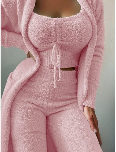  Damen Schlafanzug Set 3-teilig Lässig Komfort Einfarbig Elastischer Bund Fuzzy Strickjacke Hose Heim Täglich Langarm Rundhalsausschnitt Schwarz Weiß Rosa Rote Grün Herbst Winter Normale Passform