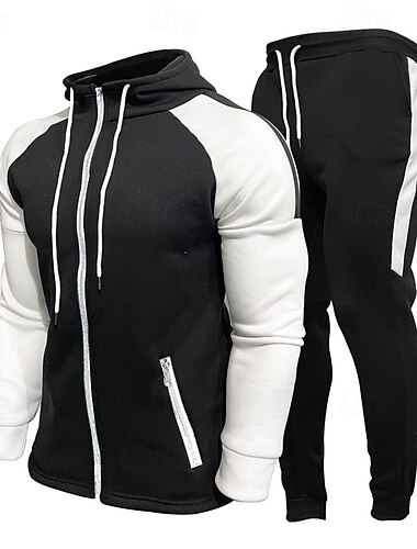  Herren Kapuzensweatshirt Trainingsanzug Vollreißverschluss-Kapuzensweatshirt Jogginganzug Schwarz Weiß Marineblau Grau Mit Kapuze Farbblock Tasche 2 teilig Sport & Outdoor Täglich Ferien Polyester