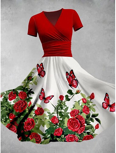  Damen Midikleid Sommerkleid Figurbetontes Kleid Party Lässig Täglich Ferien Normale Passform Blumen Grafik Kurzarm V Ausschnitt Gelb Rote Blau Purpur Sommer