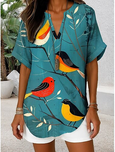  Damen Bluse Grafik Tiermotiv Täglich Stilvoll Lässig Kurzarm V Ausschnitt Normale Oberteile Täglich Ferien Grün und Blau Salbeigrün Blau Staubiges Blau Sommer Frühling