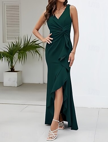  Zeemeermin  Trompet Trouwerij Gast Jurken Elegante Jurk Trouwerij Gast Verloving Vloer Lengte Mouwloos V Hals Stretch Crêpe met Geplooide Rimpels Split