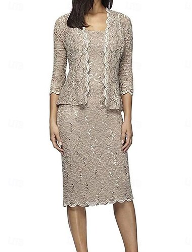  Deux Pièces Ensembles de Robes Robe de Mère de Mariée  Élégant Col carré Mi-long Dentelle Manche 3/4 avec Dentelle 2025