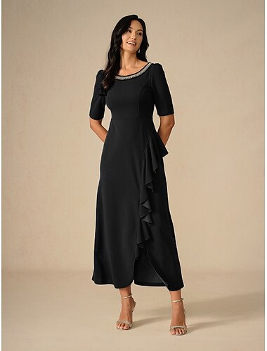  Damen Maxikleid Rüschenkleid Elegant Normale Passform Einfarbig Kurzarm Rundhalsausschnitt Schwarz Sommer Frühling Herbst