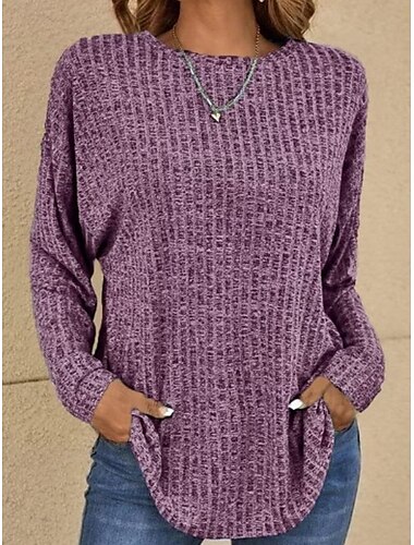  Damen Bluse Einfarbig Basic Lässig Langarm Rundhalsausschnitt Normale Oberteile Täglich Blau Purpur Grau Frühling Herbst