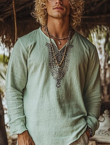  Herren Leinenhemd Sommerhemd Vintage-Shirt Ethno-Hemd Langarmshirt Boho Urlaub Straße Grün Langarm V Ausschnitt Sommer Frühling Bekleidung Ethnisch & Religiös