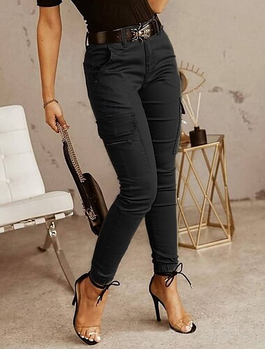  Damen Cargo-Hosen Hosen Hose Mode Streetwear Volle Länge Natürliche Taille Einfarbig Tasche Bequem Mikroelastisch Sport & Outdoor Alltagskleidung Dunkelbraun Schwarz Hellgrün Armeegrün Frühling Herbst