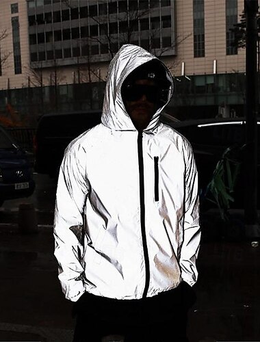 Men's Reflective Jacket Sports & Outdoor Daily Reflective Windbreaker Pocket Hooded Spring &  Fall Solid Color Active Fashion Hoodie Regular Grey Jacket